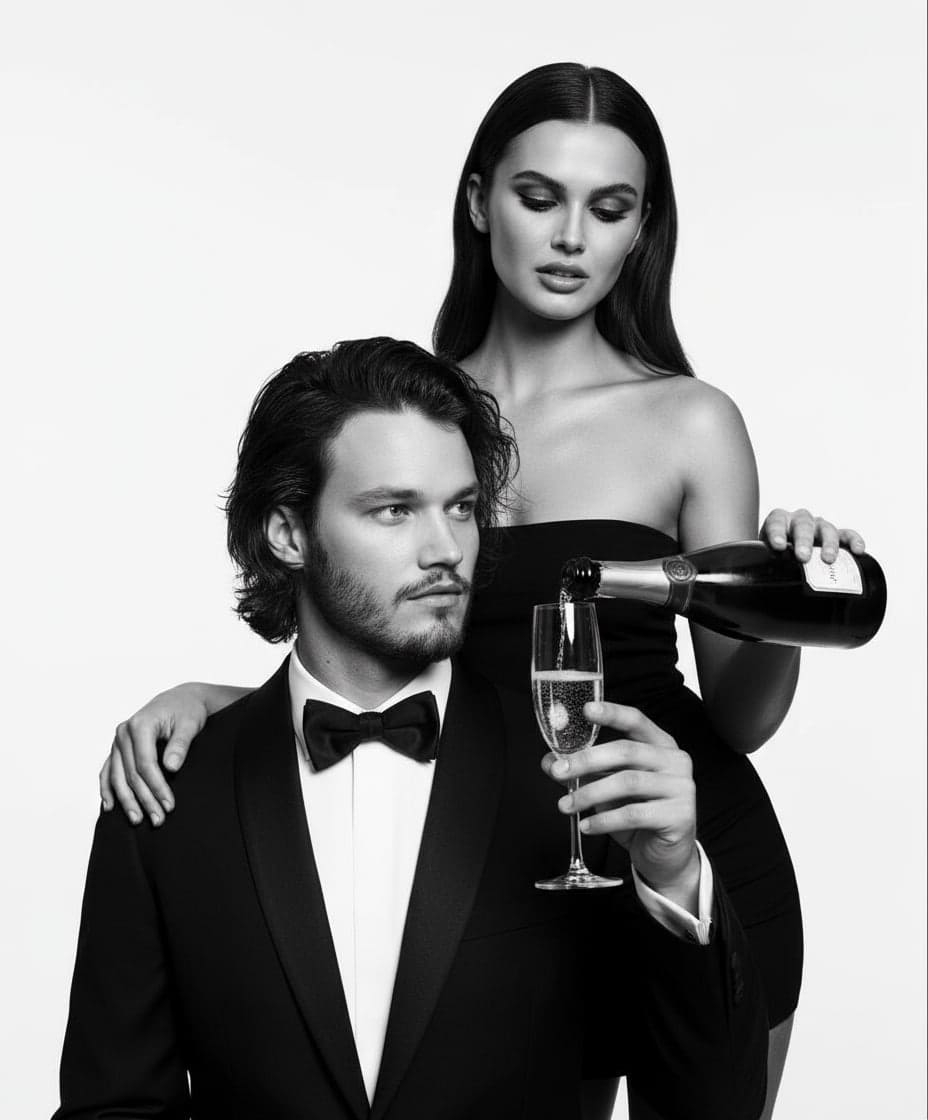 Чёрно-белый кадр пары с шампанским