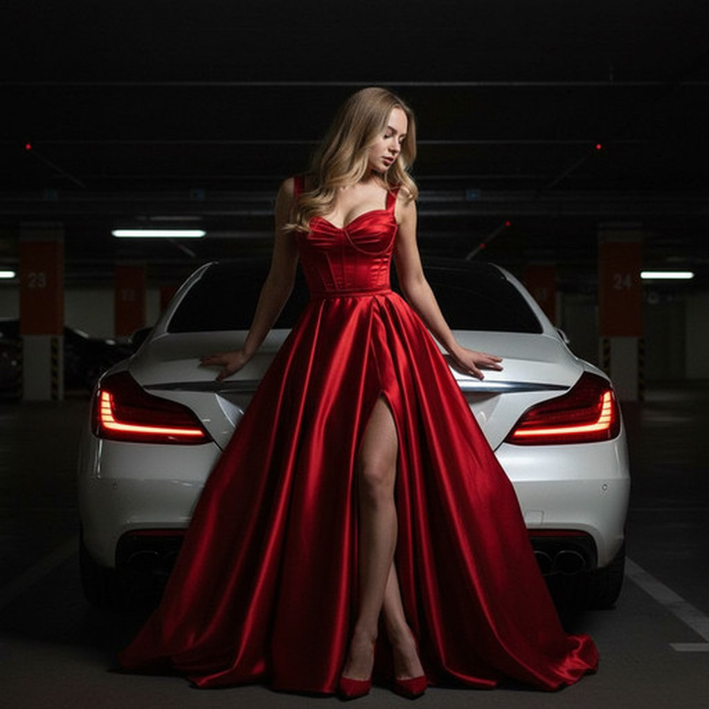 В красном платье у авто
