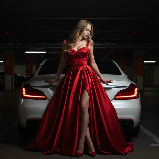 В красном платье у авто