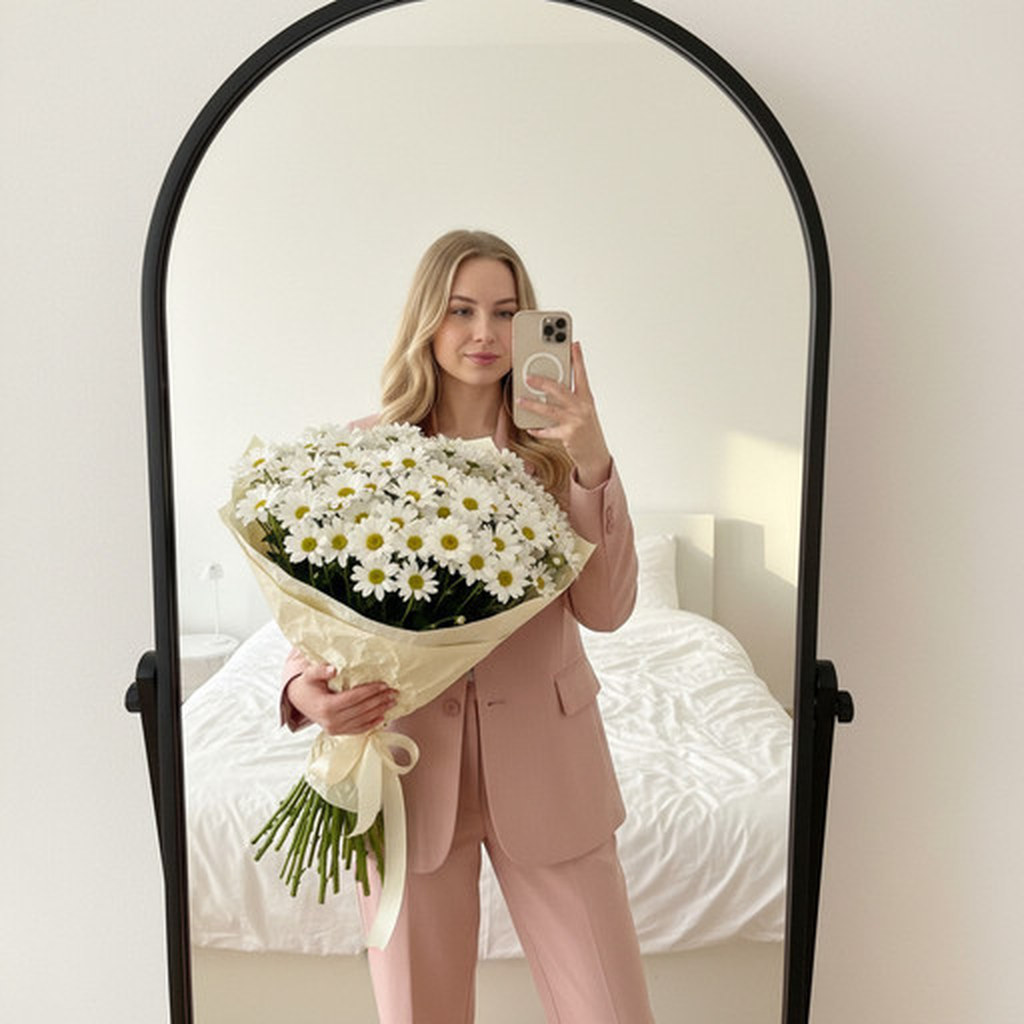 С букетом селфи в спальне