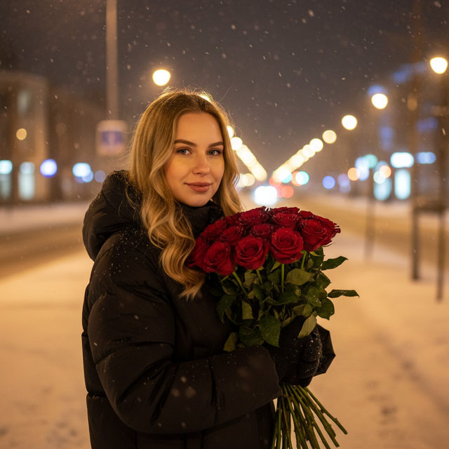 Ночное фото с букетом