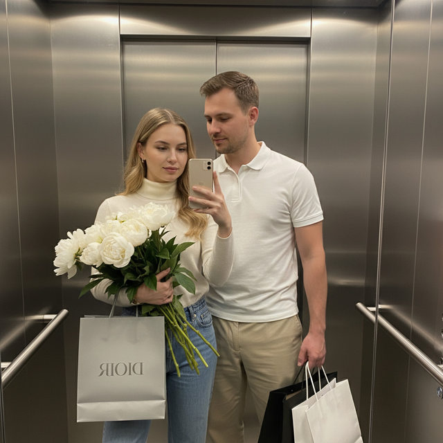 Пара в лифте с цветами