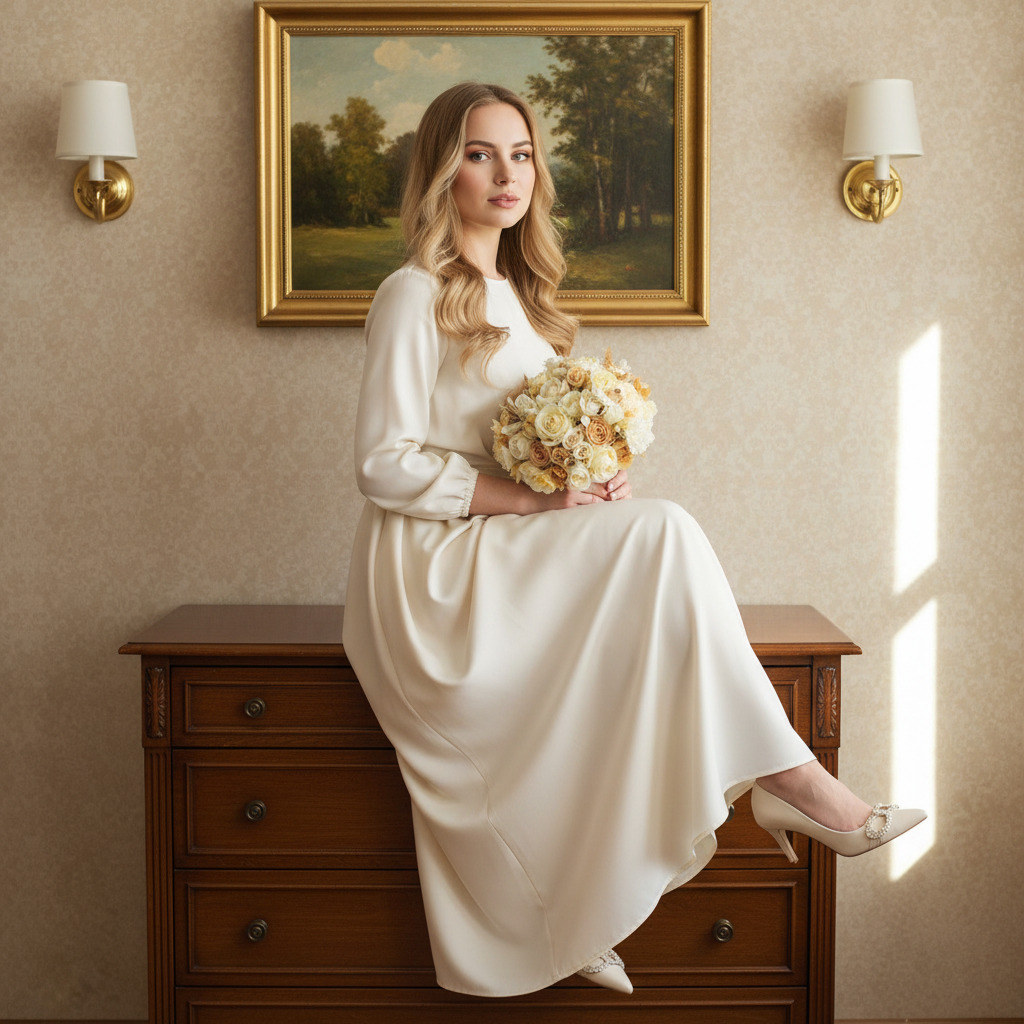 Женщина с букетом в белом платье