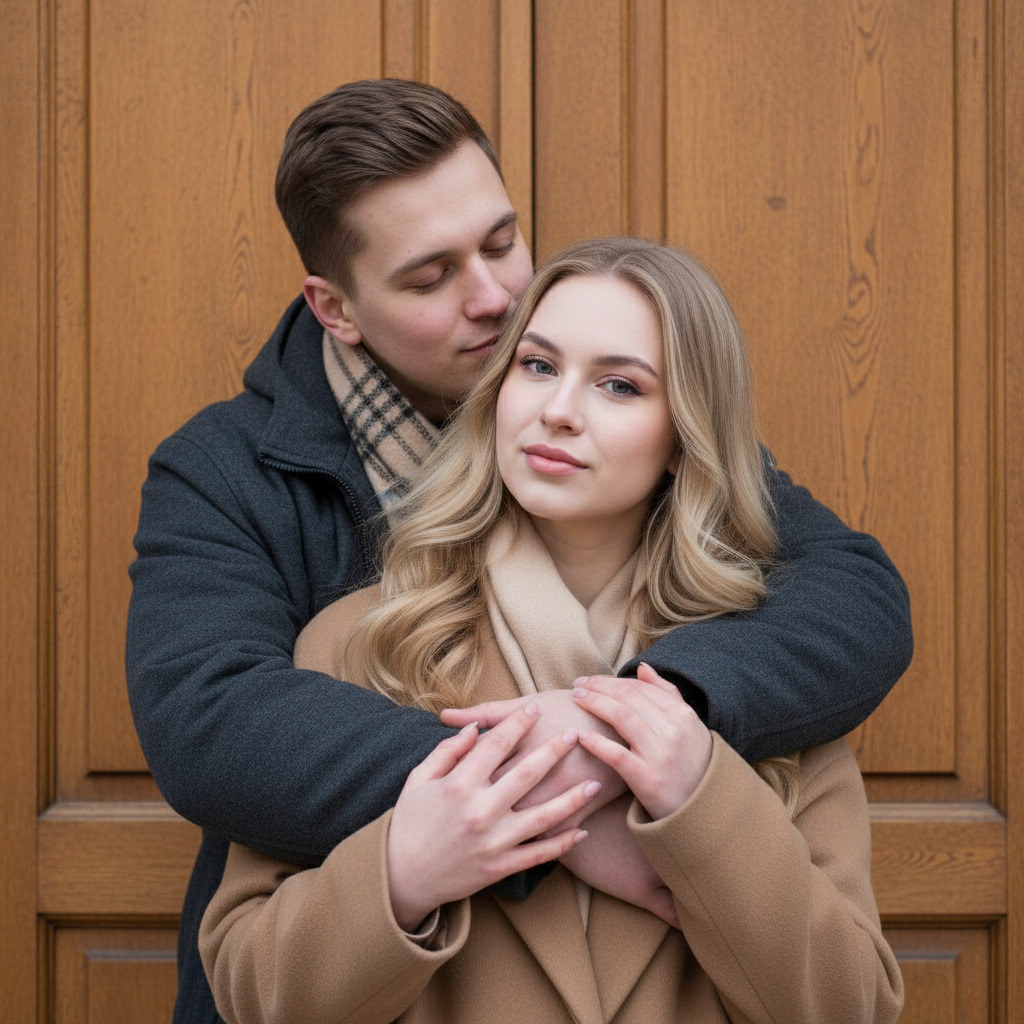 Парное фото у деревянной двери