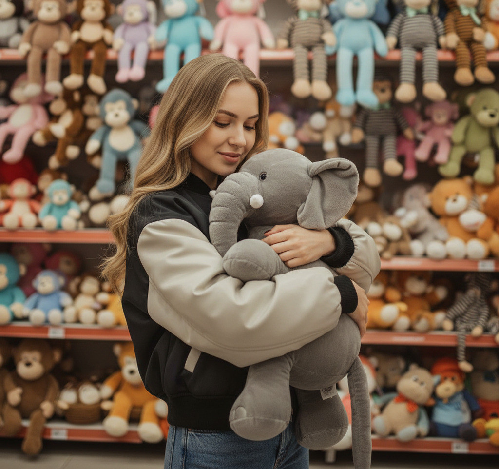 Женщина в магазине с мягкими игрушками