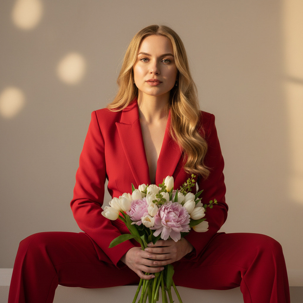 В красном костюме с цветами