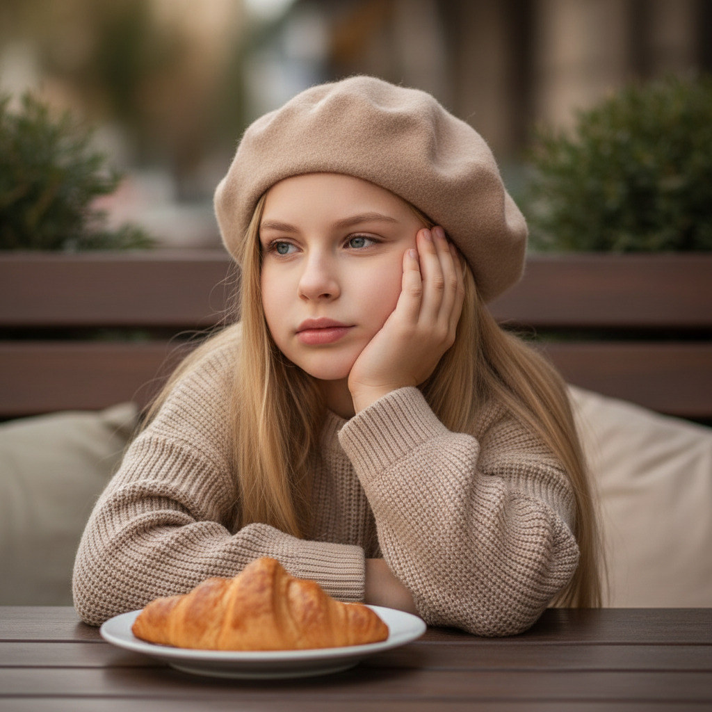 Кадр девочки с круассаном