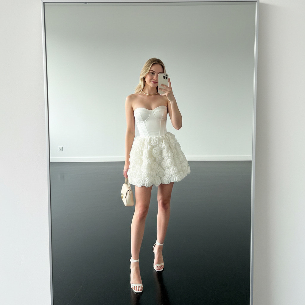 Стильное селфи девушки в белом платье