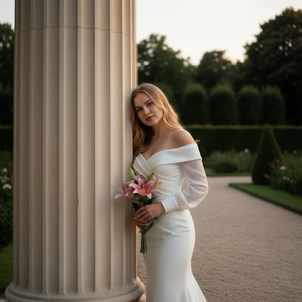 У колонны с цветами в длинном платье