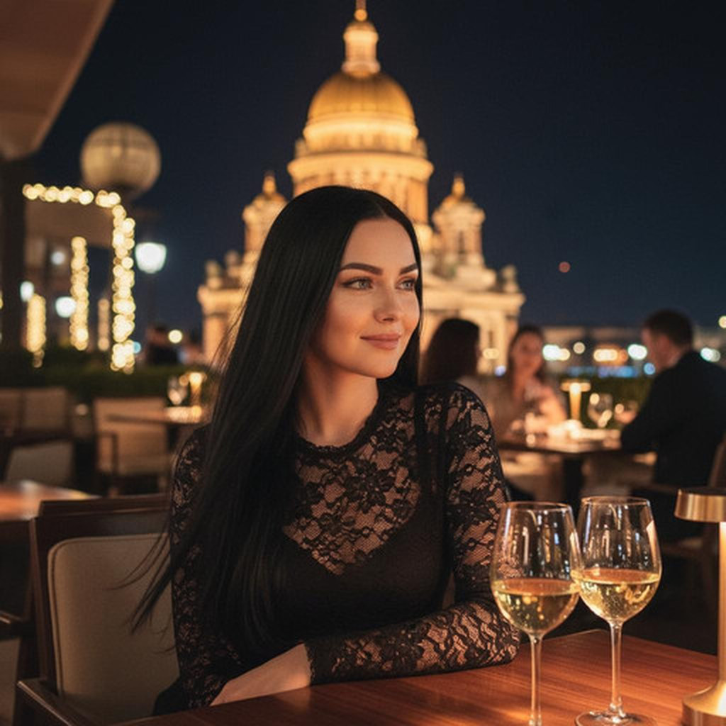 Женщина на террасе ресторана на фоне города #273