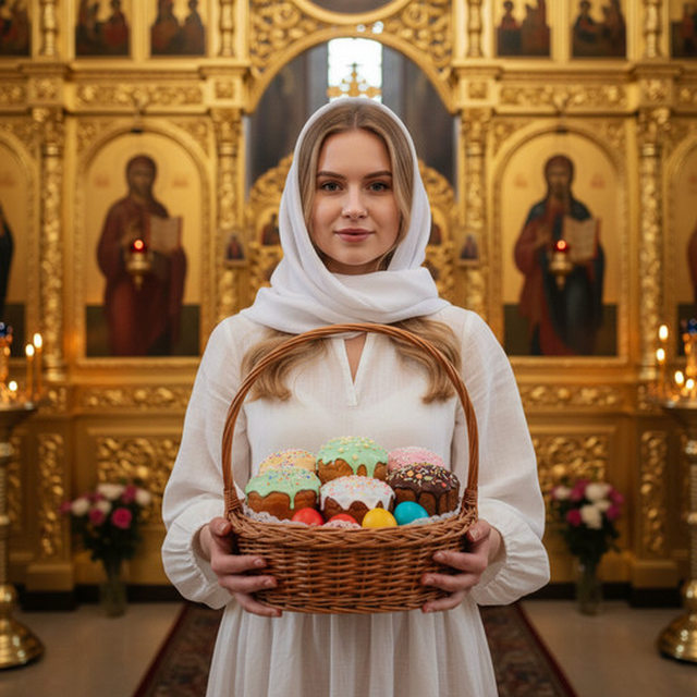 Женщина в церкви с куличами (Пасха)