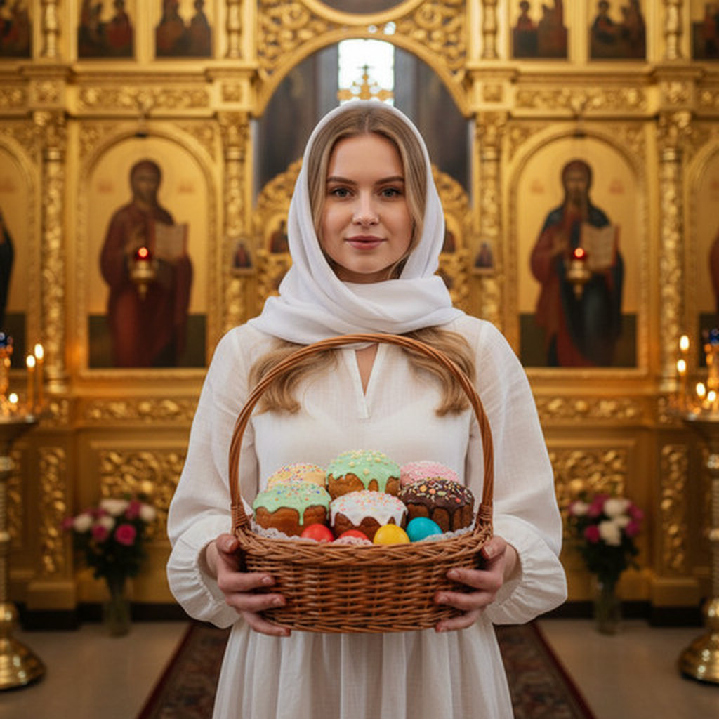 Женщина в церкве с куличами (Пасха)